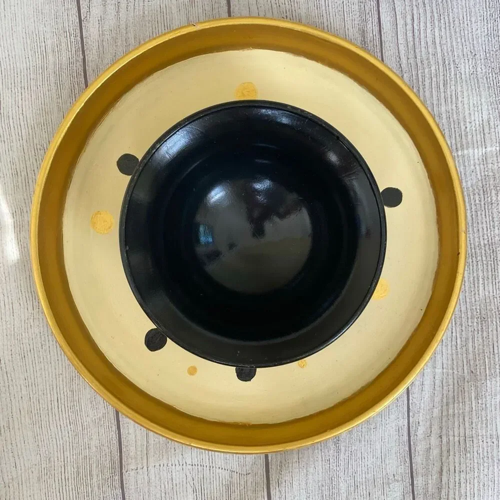Bowl & 12” polka dot platter combo black gold and cream color